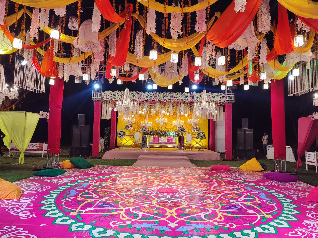 yellow and white floral wedding stage with marigold backdrop by Alvi Events & Catering in Lahore (18)